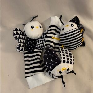 Baby Essentials Black and White Striped Plush Rattle Mittens - 3 Pack